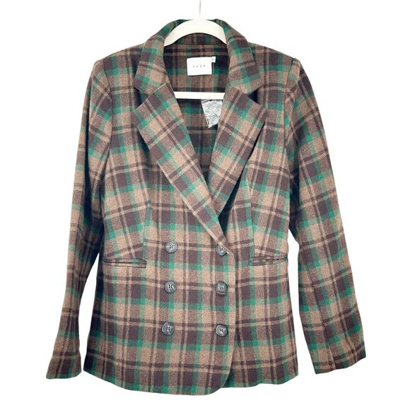 Lush Womens Business Preppy Plaid Wool Blend Double Breasted Blazer Jacket S - Picture 2 of 7